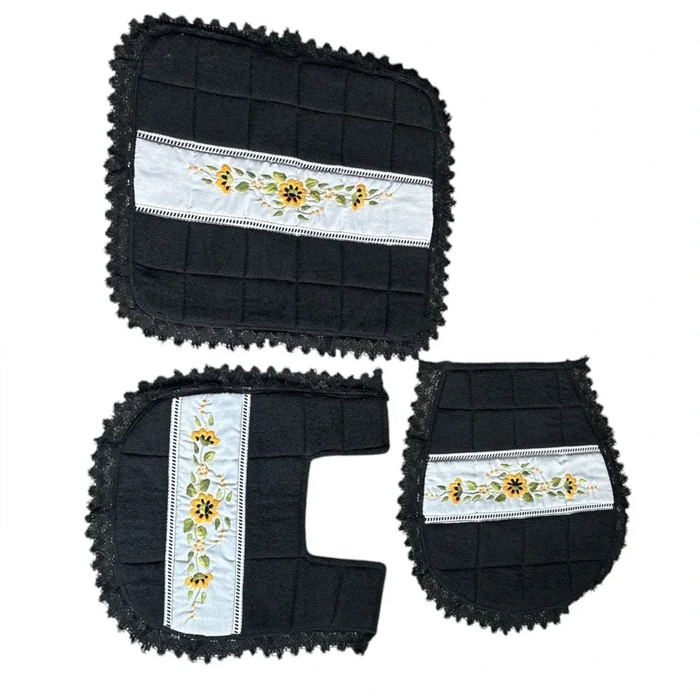Black Quilted Bathroom Set with Floral Embroidery